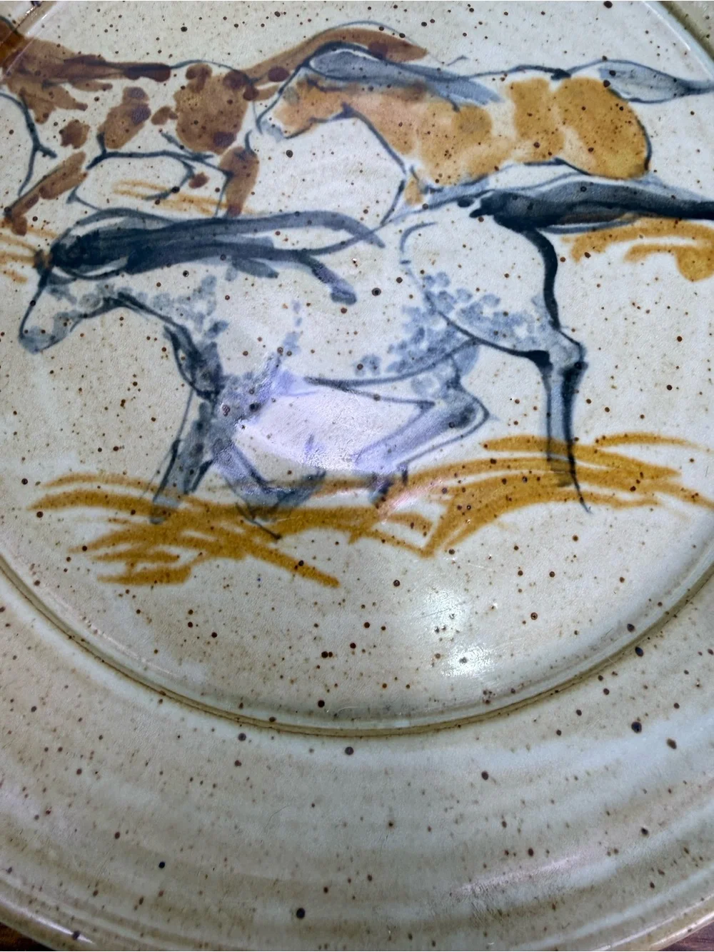 Vintage Studio Pottery 14” Horse Plate Platter Hand Painted Stoneware Equestrian